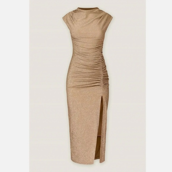 Dress Forum | New mocha & silver fitted maxi dress w/slit Women’s size L sparkly - Picture 9 of 10
